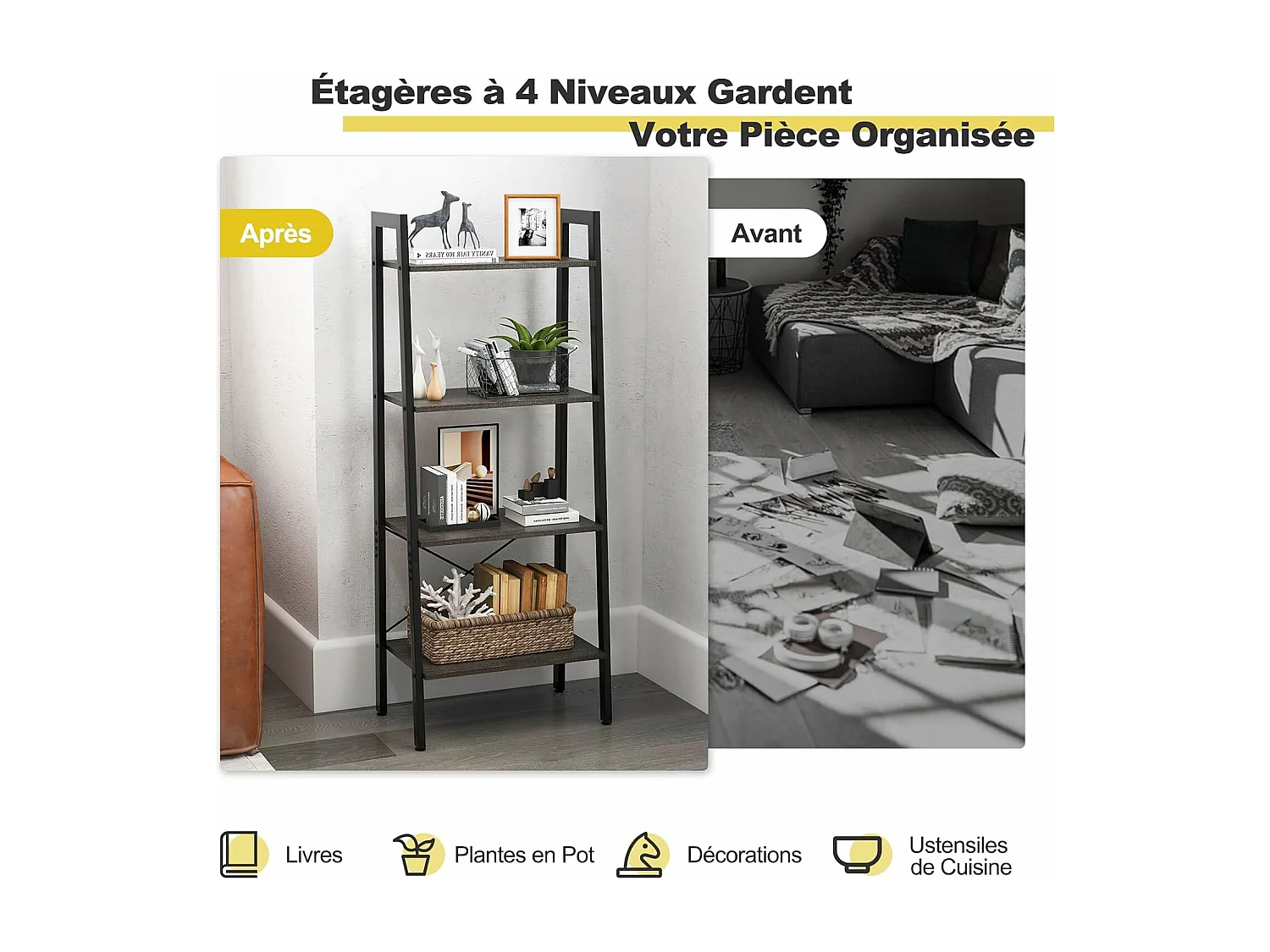 Étagère à 4 niveaux, bibliothèque étagère de rangement,56 x 34 x 138 cm (brun foncé)