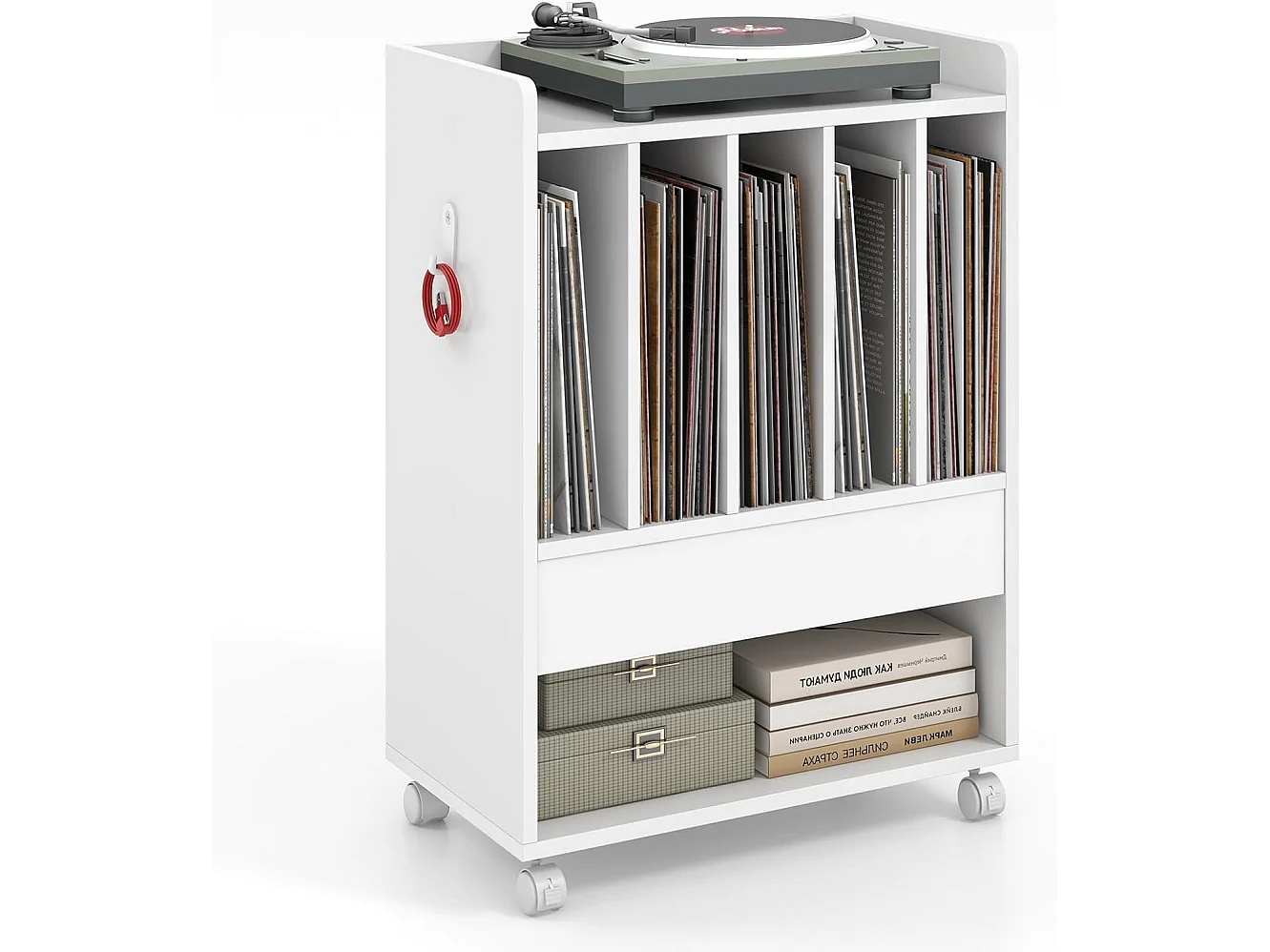 Table d’appoint à roulette, meuble tourne-disque vinyle pour albums, 6 compartiments