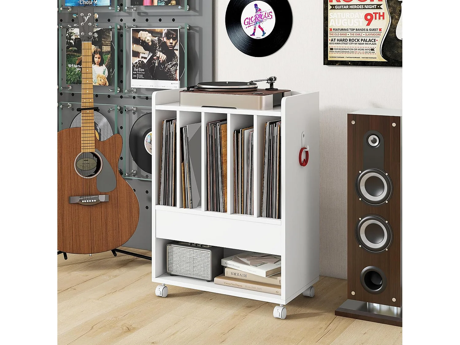 Table d’appoint à roulette, meuble tourne-disque vinyle pour albums, 6 compartiments