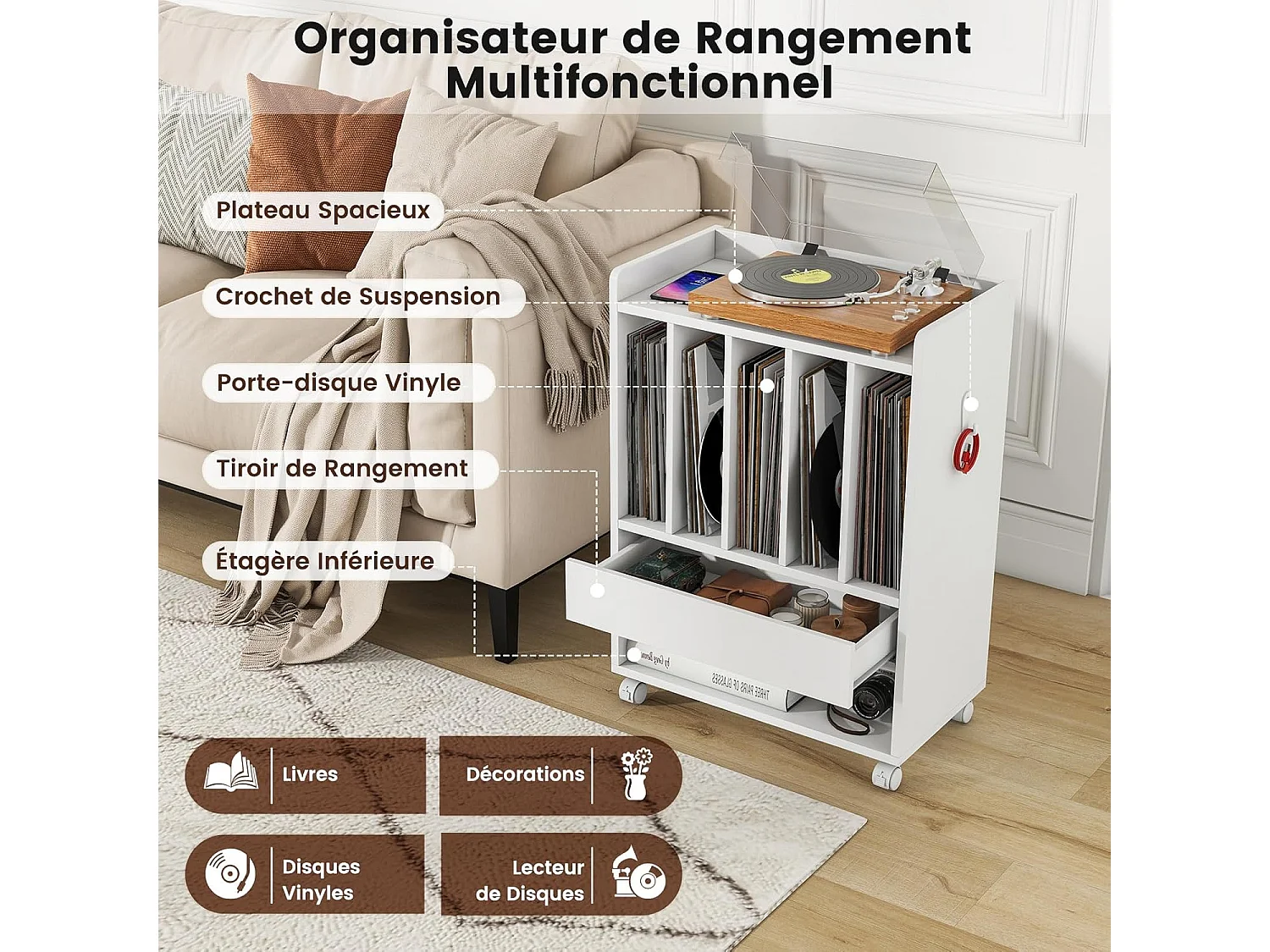 Table d’appoint à roulette, meuble tourne-disque vinyle pour albums, 6 compartiments