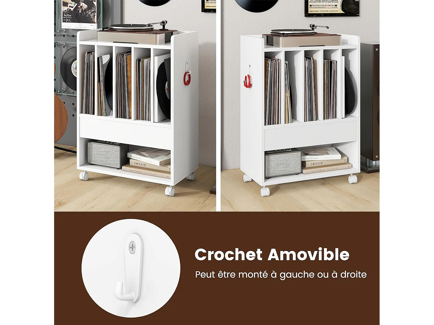Table d’appoint à roulette, meuble tourne-disque vinyle pour albums, 6 compartiments
