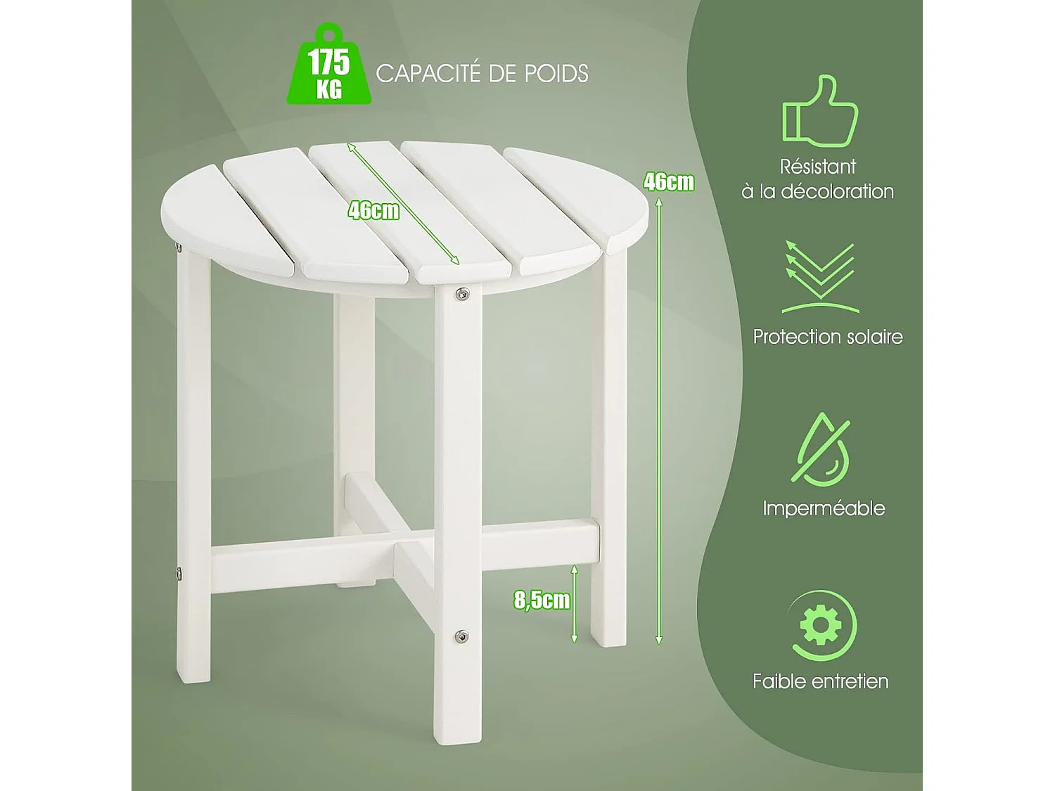 Table d’appoint extérieure en hdpe résistante aux intempéries,  46 x 46 cm, blanc