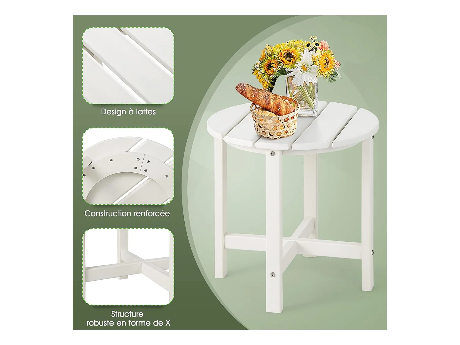 Table d’appoint extérieure en hdpe résistante aux intempéries,  46 x 46 cm, blanc