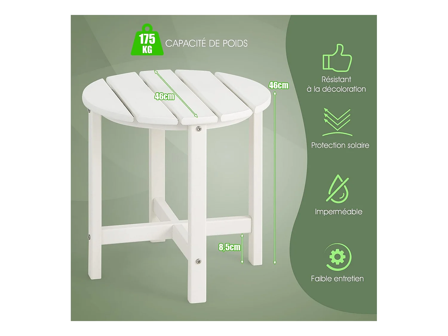 Table d’appoint extérieure en hdpe résistante aux intempéries,  46 x 46 cm, blanc