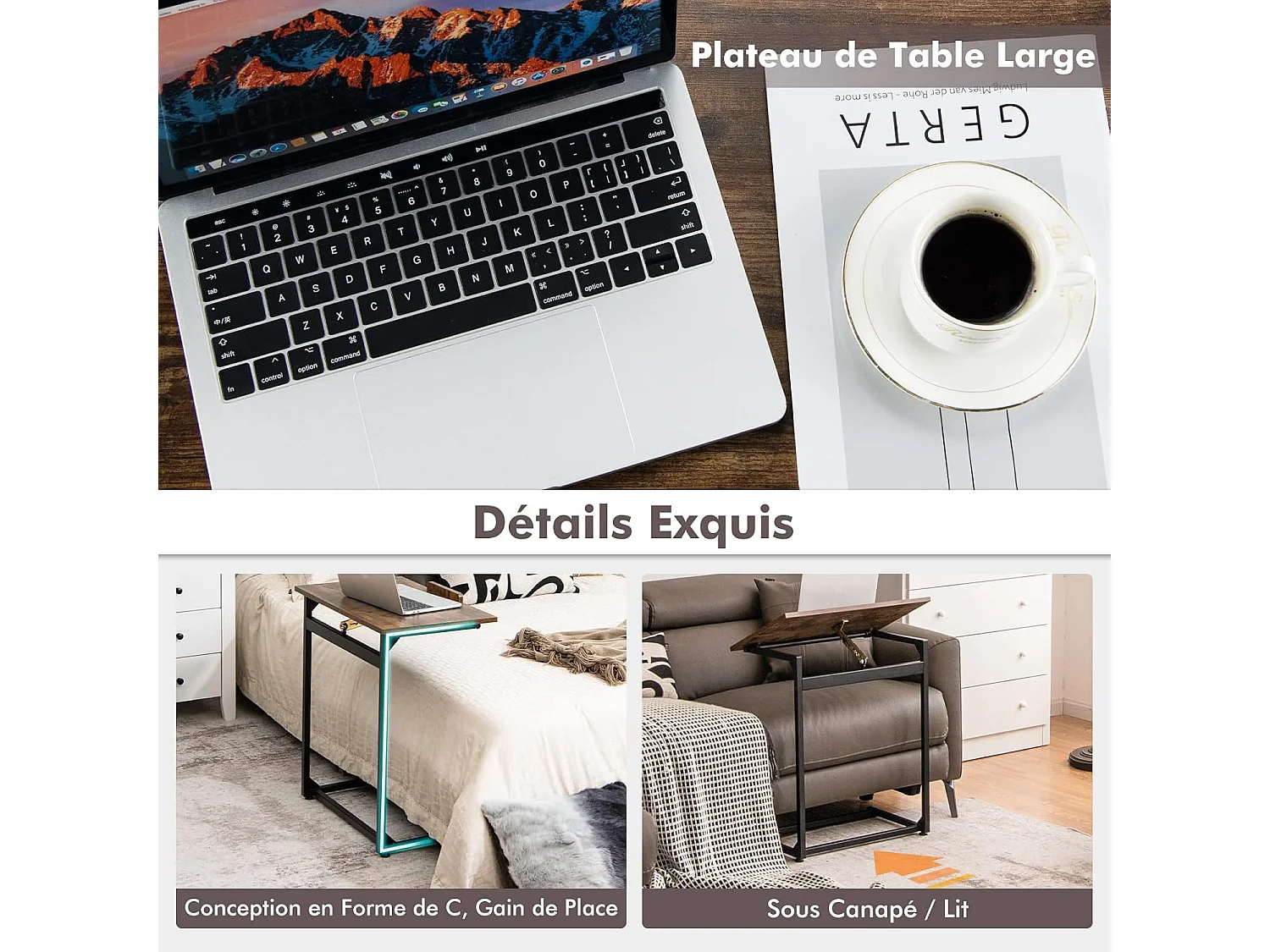 Table d’appoint en forme de c, plateau réglable à 5 positions, brun