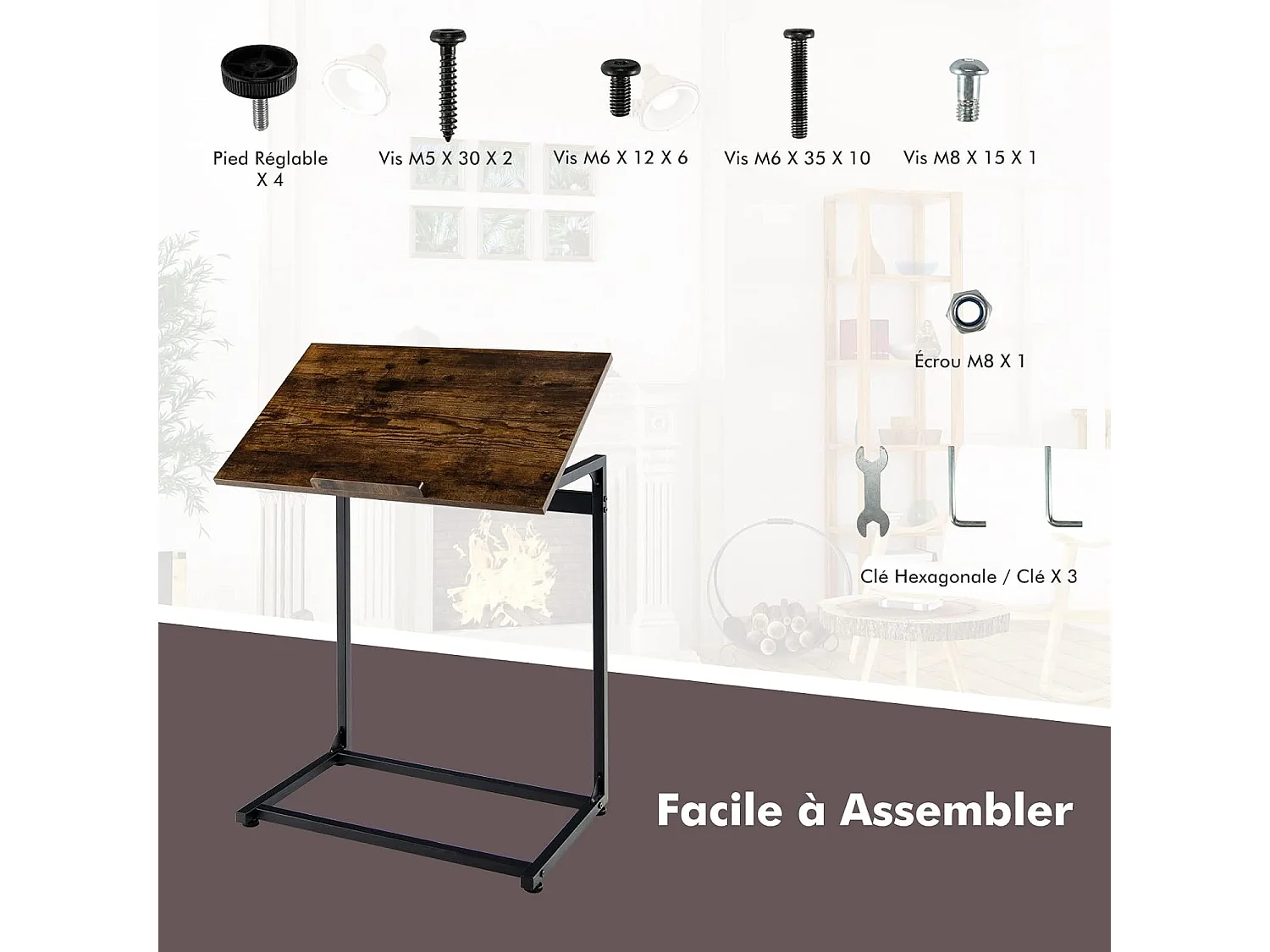 Table d’appoint en forme de c, plateau réglable à 5 positions, brun