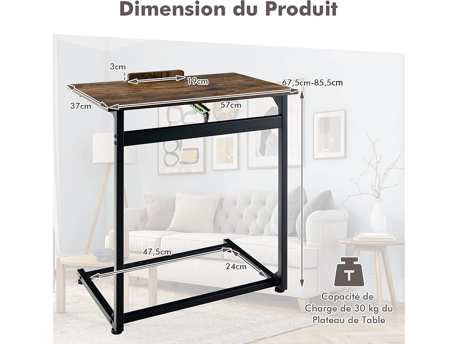 Table d’appoint en forme de c, plateau réglable à 5 positions, brun