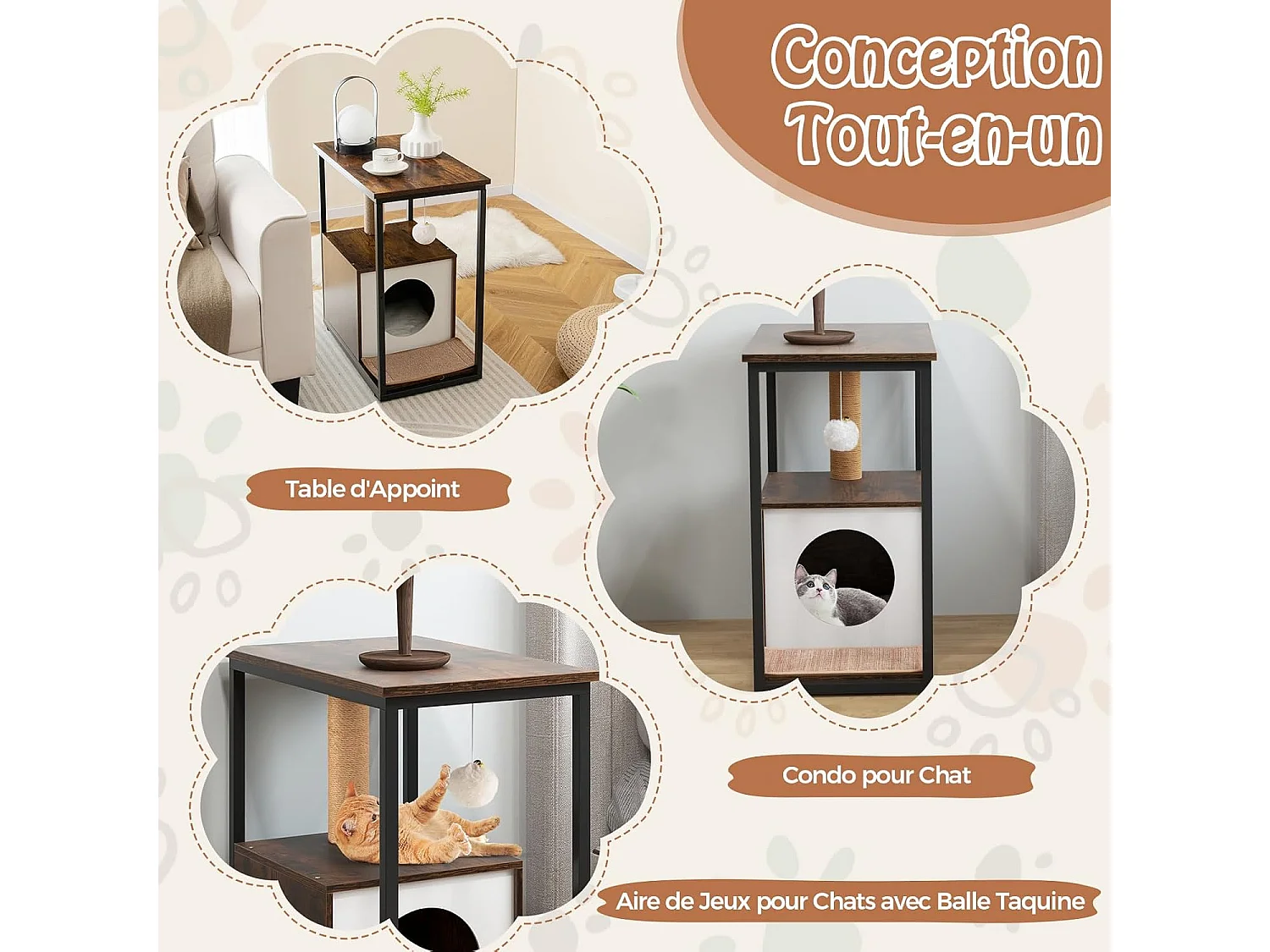 Table d'appoint et condo pour chat, avec griffoir et tapis à gratter amovible, (marron)