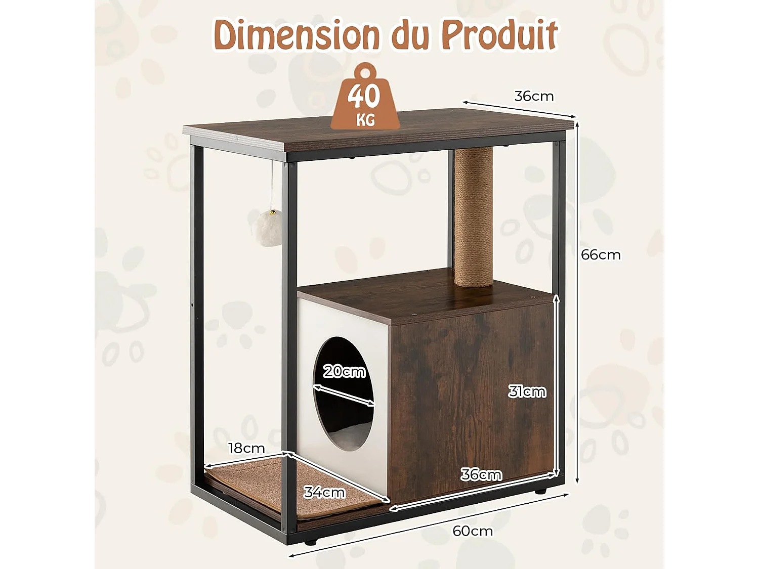 Table d'appoint et condo pour chat, avec griffoir et tapis à gratter amovible, (marron)