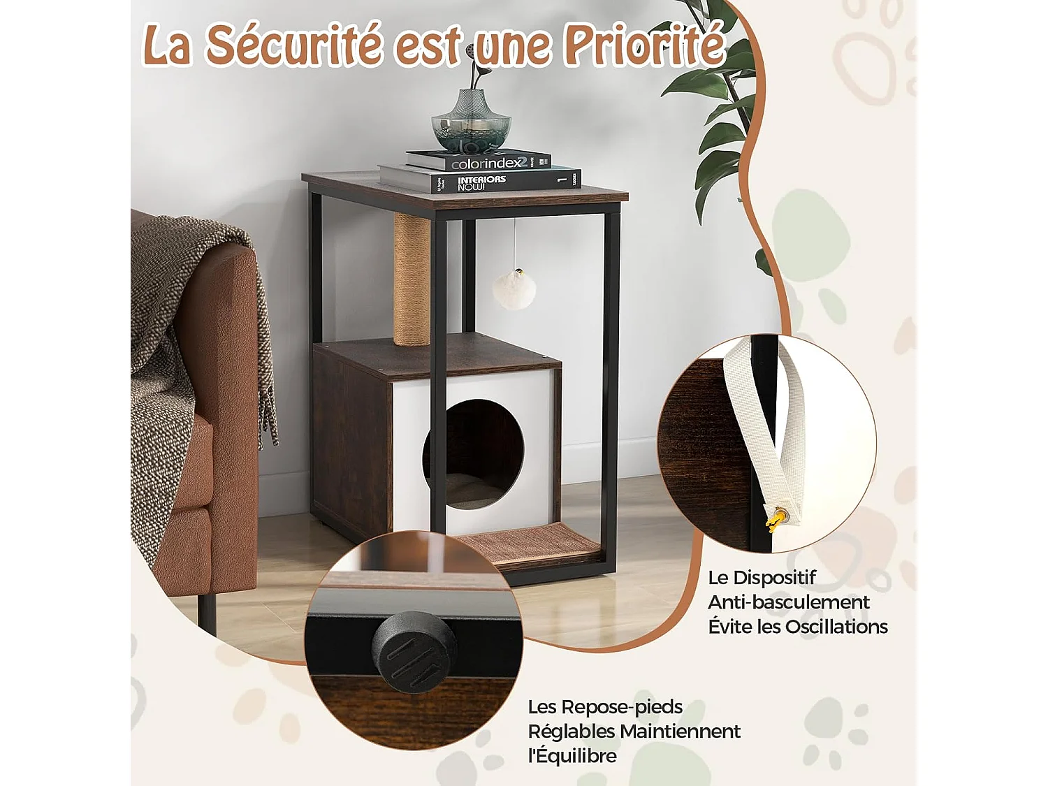 Table d'appoint et condo pour chat, avec griffoir et tapis à gratter amovible, (marron)
