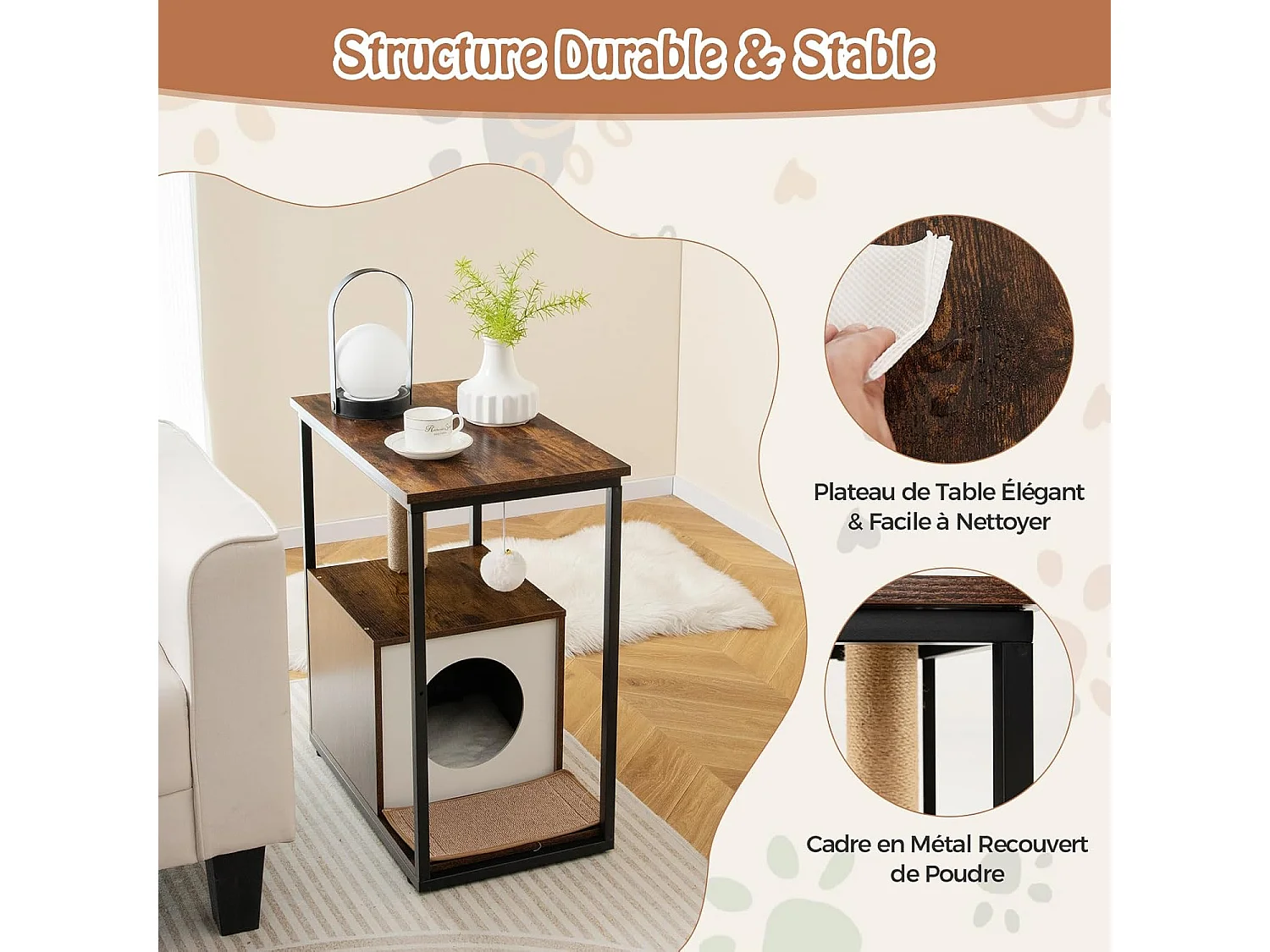 Table d'appoint et condo pour chat, avec griffoir et tapis à gratter amovible, (marron)