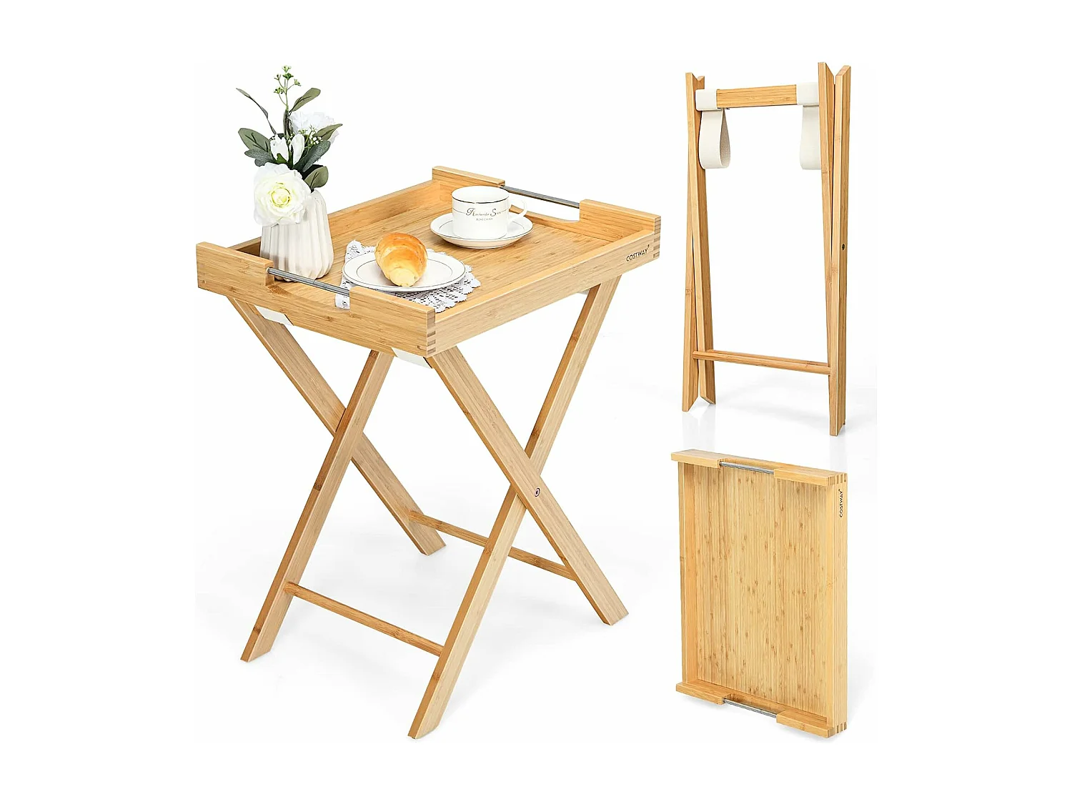 Table d'appoint pliante, en bambou avec poignées en acier, plateau amovible