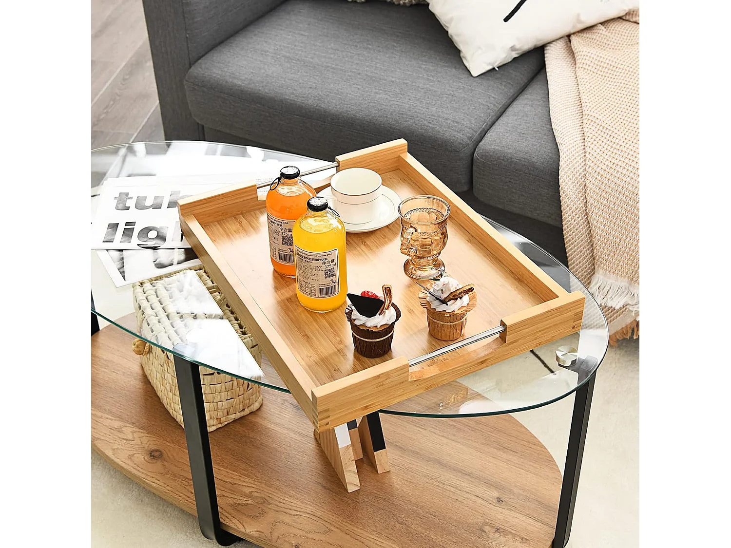 Table d'appoint pliante, en bambou avec poignées en acier, plateau amovible