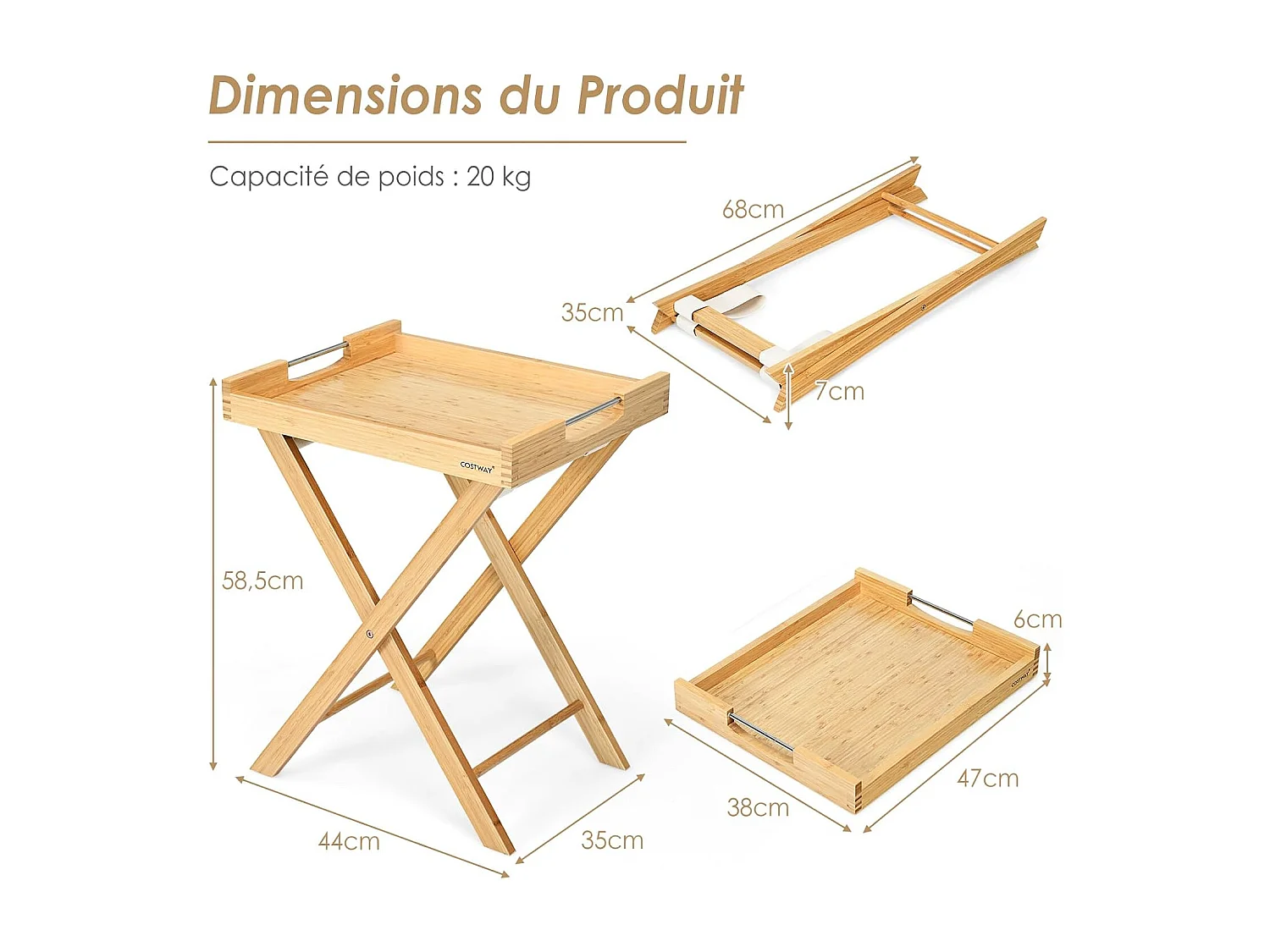 Table d'appoint pliante, en bambou avec poignées en acier, plateau amovible
