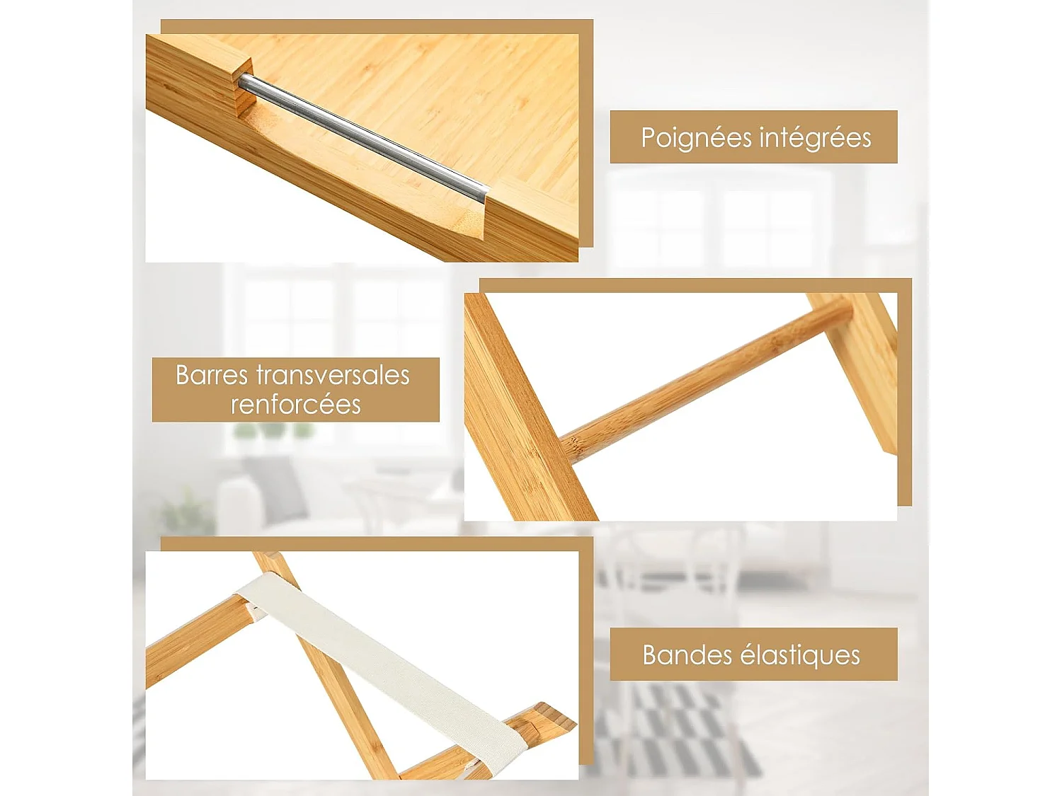 Table d'appoint pliante, en bambou avec poignées en acier, plateau amovible