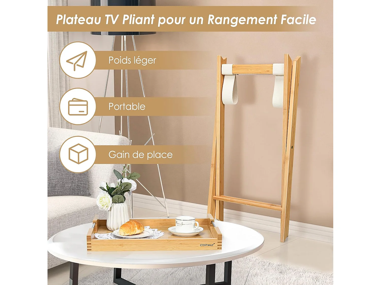 Table d'appoint pliante, en bambou avec poignées en acier, plateau amovible