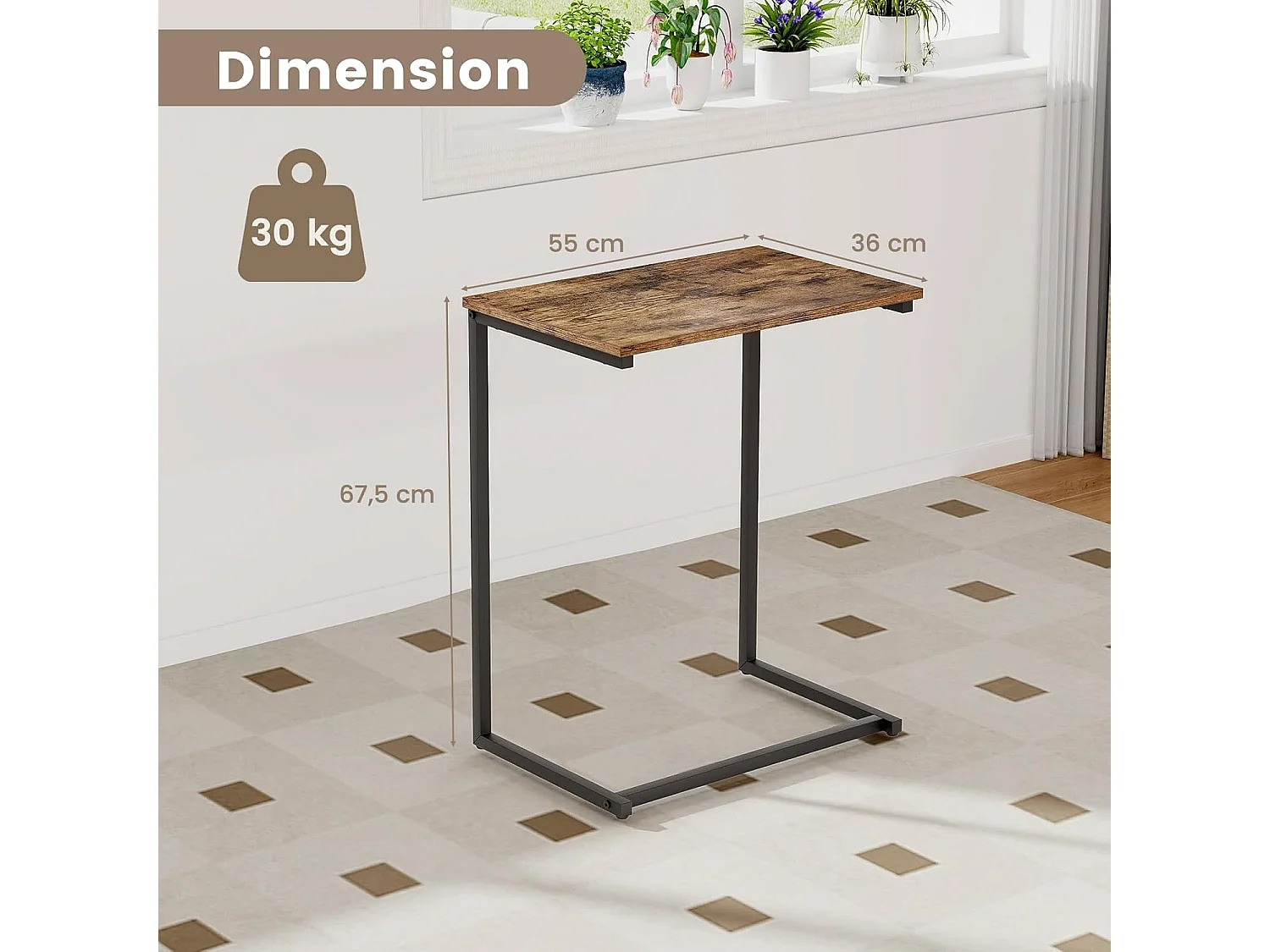 Table d'appoint, bout de canapé,cadre en métal 55 x 36 x 67 cm, marron rustique et noir