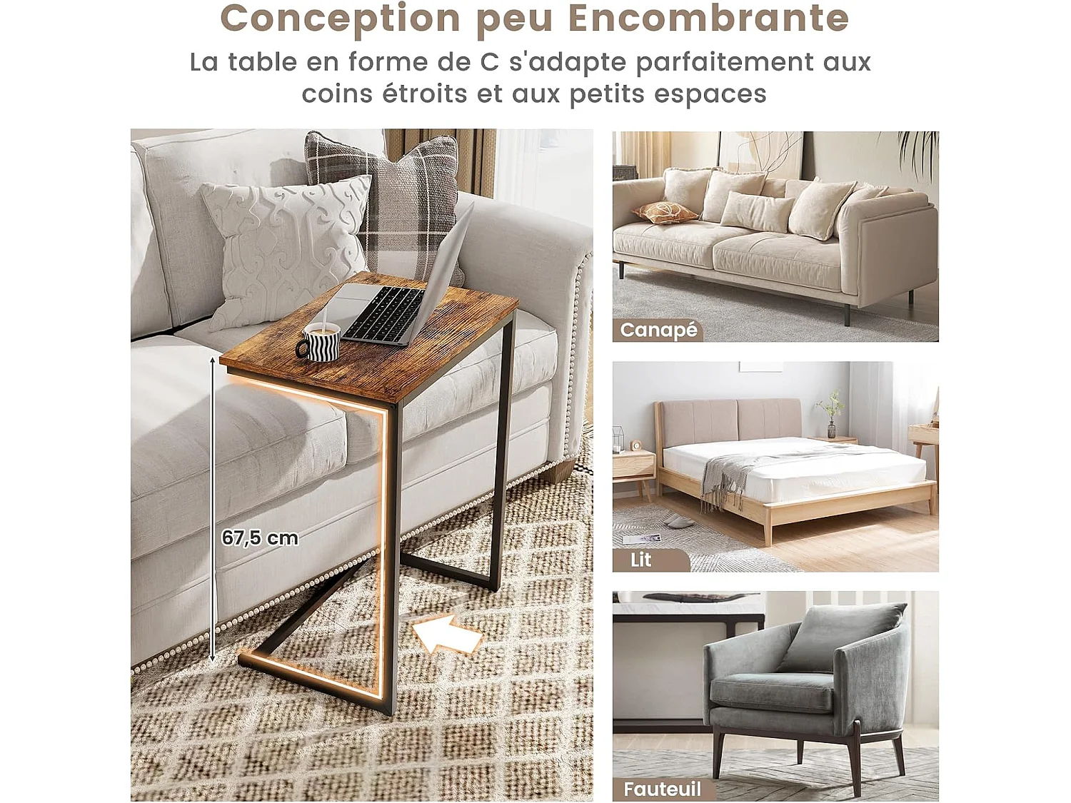 Table d'appoint, bout de canapé,cadre en métal 55 x 36 x 67 cm, marron rustique et noir