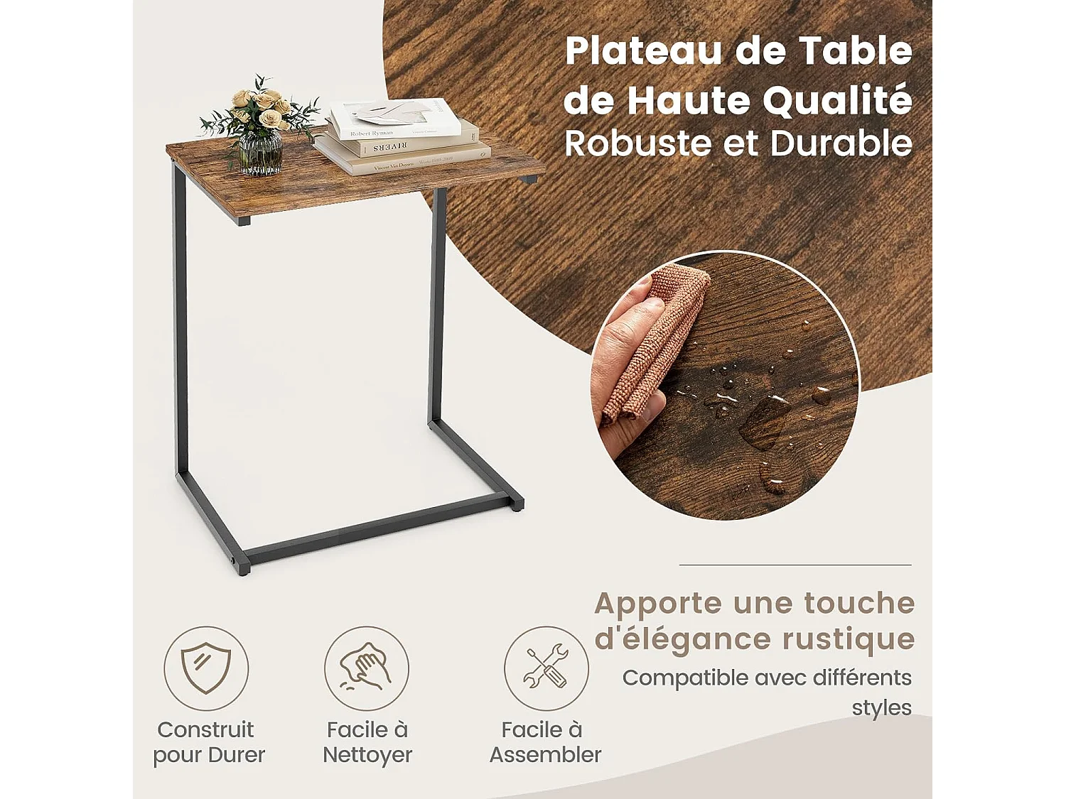 Table d'appoint, bout de canapé,cadre en métal 55 x 36 x 67 cm, marron rustique et noir