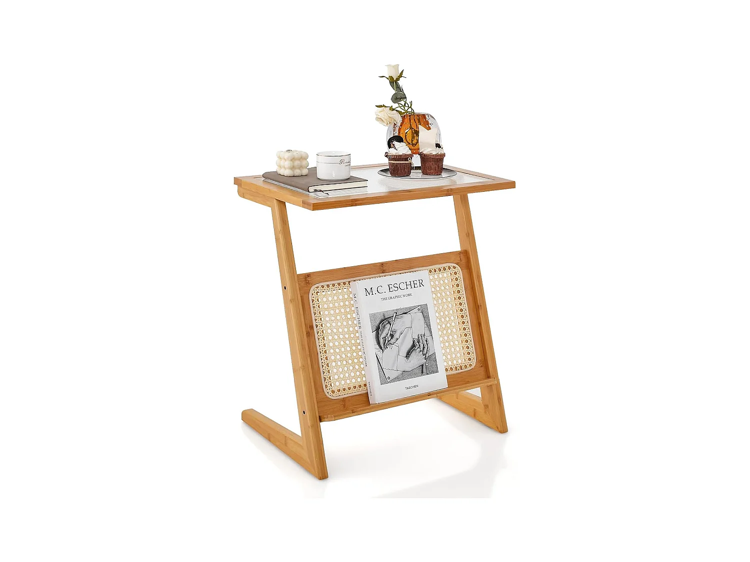 Table d’Appoint Bohême avec Porte-Revues en Rotin, Bout de Canape en Bambou avec Plateau en Verre Trempé, Petite Table d’Appoint Salon, 50 x 36 x 56 cm (Z, Jaune)