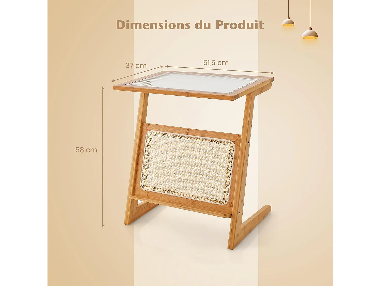 Table d’Appoint Bohême avec Porte-Revues en Rotin, Bout de Canape en Bambou avec Plateau en Verre Trempé, Petite Table d’Appoint Salon, 50 x 36 x 56 cm (Z, Jaune)