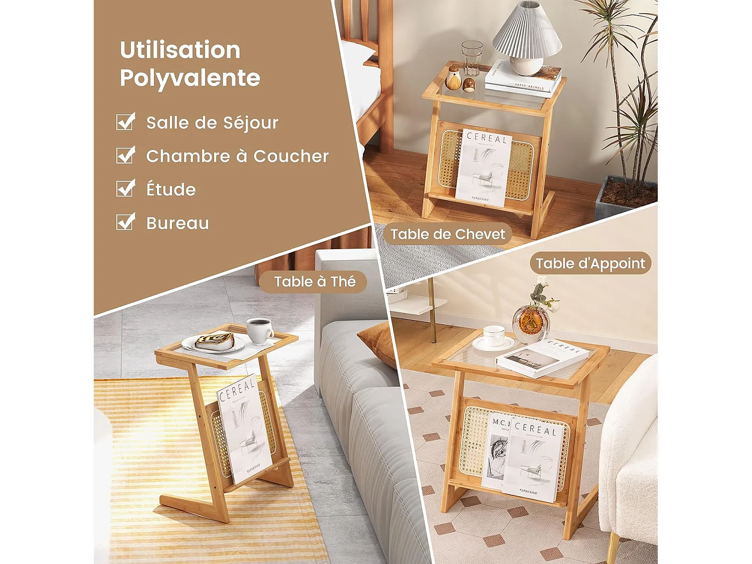 Table d’Appoint Bohême avec Porte-Revues en Rotin, Bout de Canape en Bambou avec Plateau en Verre Trempé, Petite Table d’Appoint Salon, 50 x 36 x 56 cm (Z, Jaune)