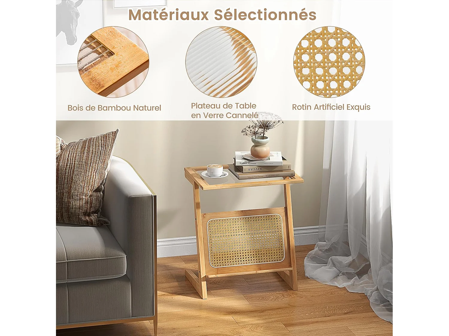 Table d’Appoint Bohême avec Porte-Revues en Rotin, Bout de Canape en Bambou avec Plateau en Verre Trempé, Petite Table d’Appoint Salon, 50 x 36 x 56 cm (Z, Jaune)