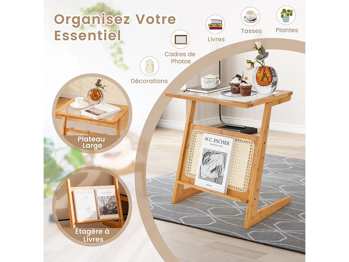 Table d’Appoint Bohême avec Porte-Revues en Rotin, Bout de Canape en Bambou avec Plateau en Verre Trempé, Petite Table d’Appoint Salon, 50 x 36 x 56 cm (Z, Jaune)