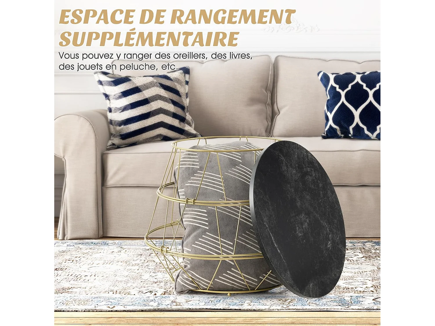 Table d’appoint, bout de canapé marbre noir avec cadre en métal doré, table ronde ø40x38