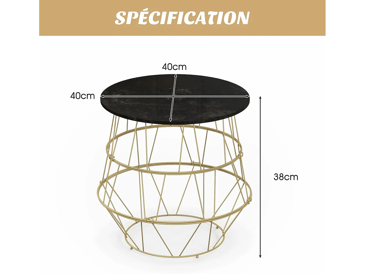 Table d’appoint, bout de canapé marbre noir avec cadre en métal doré, table ronde ø40x38