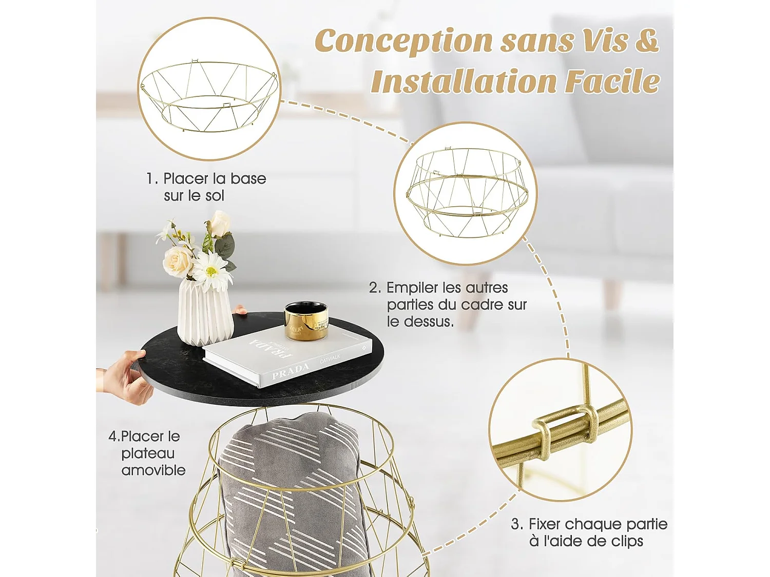 Table d’appoint, bout de canapé marbre noir avec cadre en métal doré, table ronde ø40x38