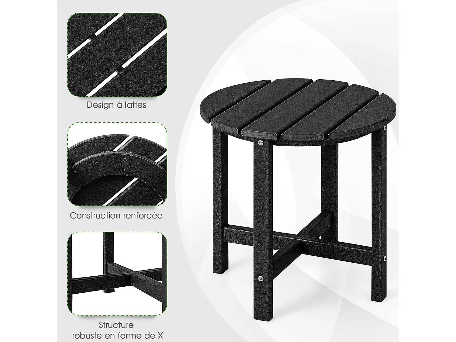 Table d’appoint extérieure en hdpe résistante aux intempéries, 46 x 46 cm, noir