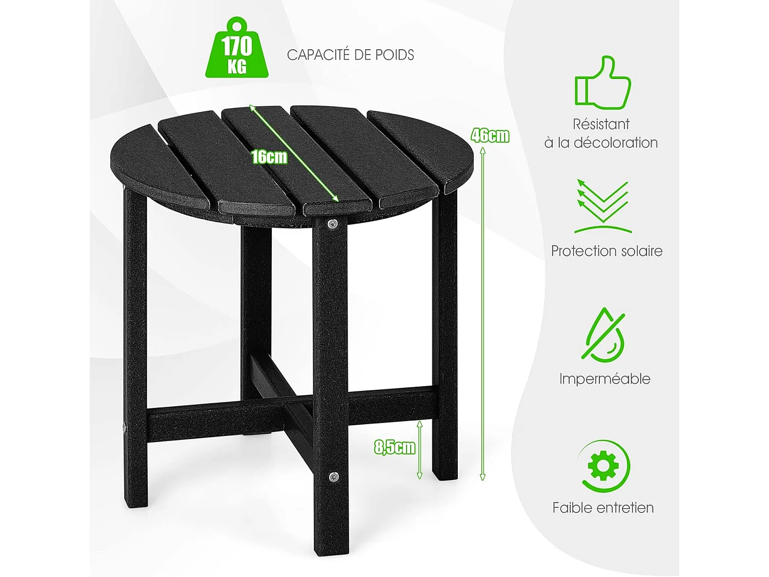 Table d’appoint extérieure en hdpe résistante aux intempéries, 46 x 46 cm, noir