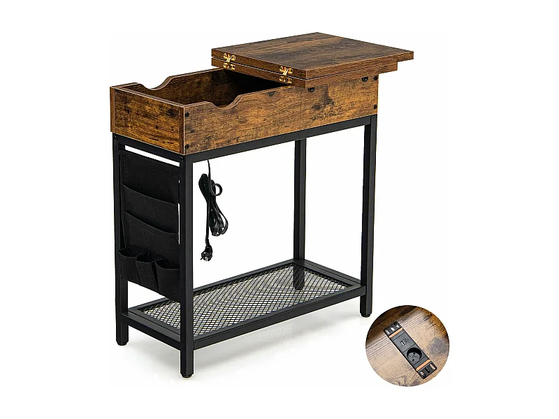 Table d'appoint avec Prise d’alimentation, 60 x 30 x 58,5 cm Marron rustique et Noir