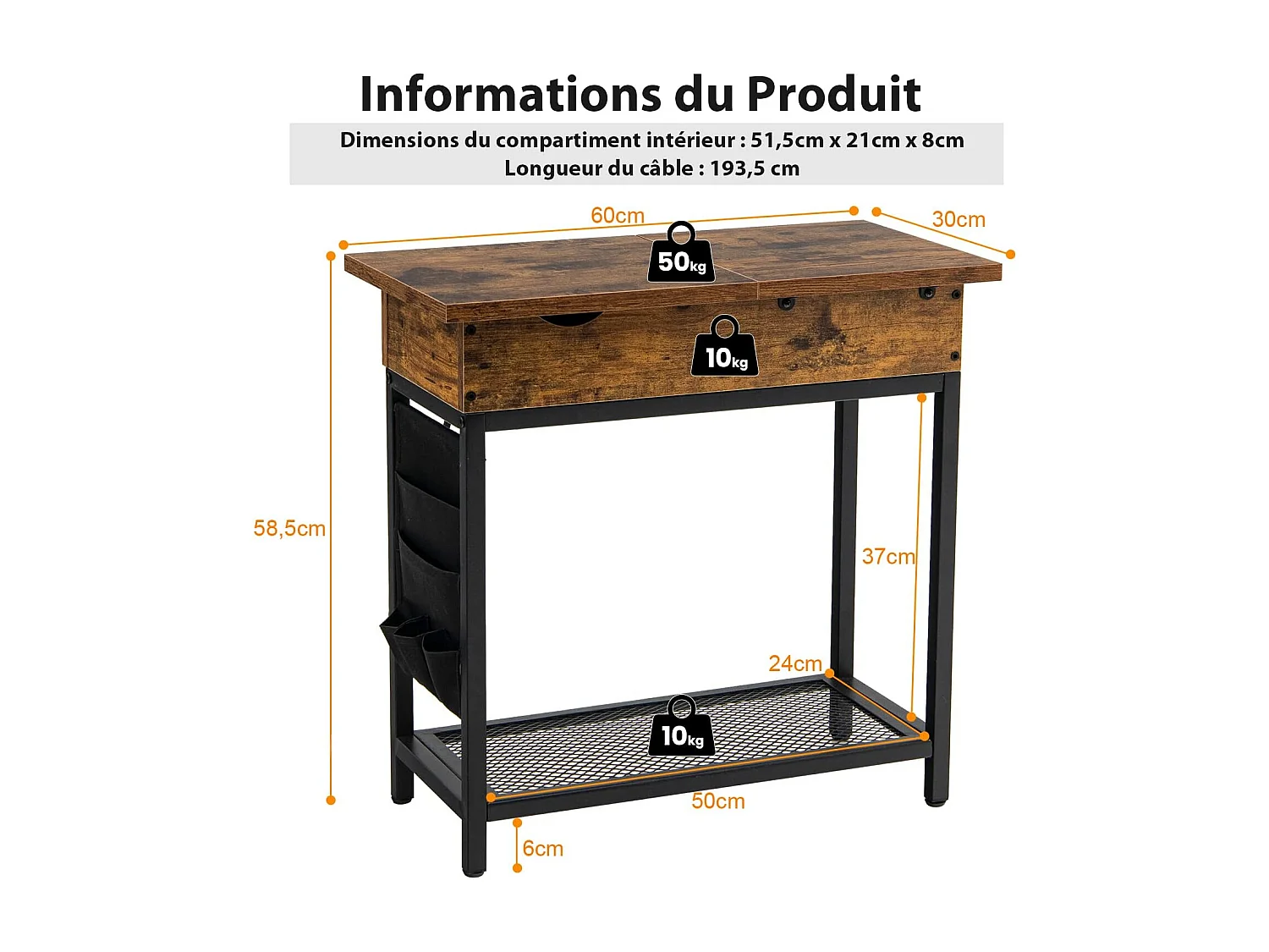 Table d'appoint avec Prise d’alimentation, 60 x 30 x 58,5 cm Marron rustique et Noir