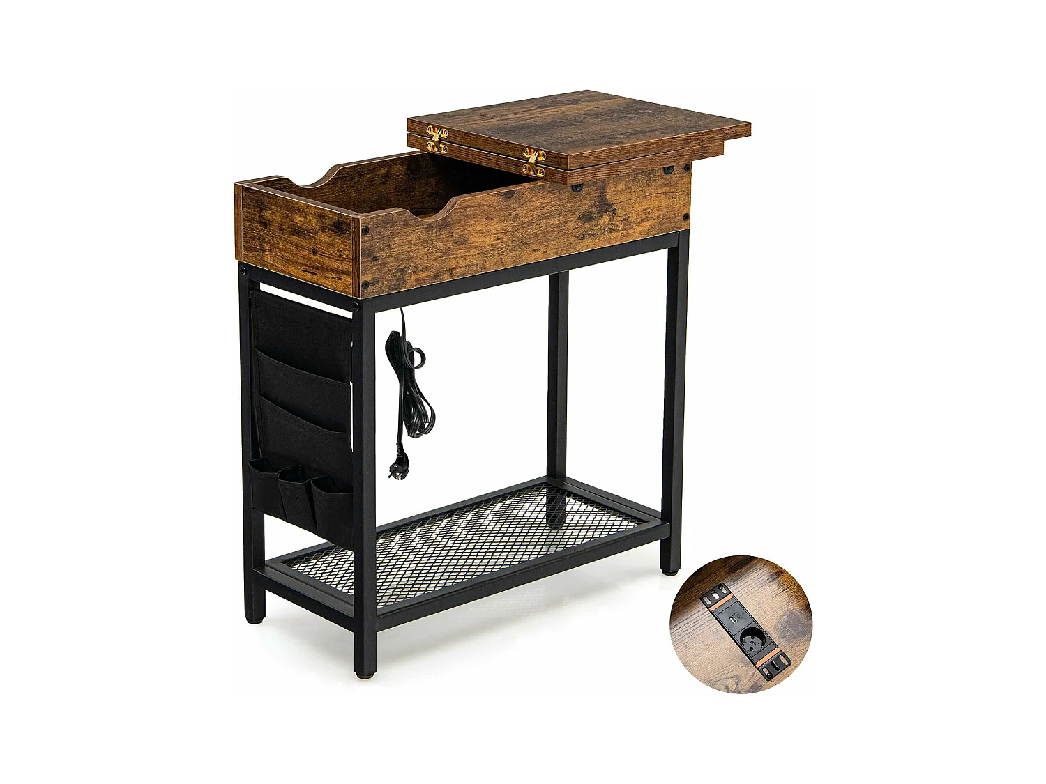 Table d'appoint avec Prise d’alimentation, 60 x 30 x 58,5 cm Marron rustique et Noir
