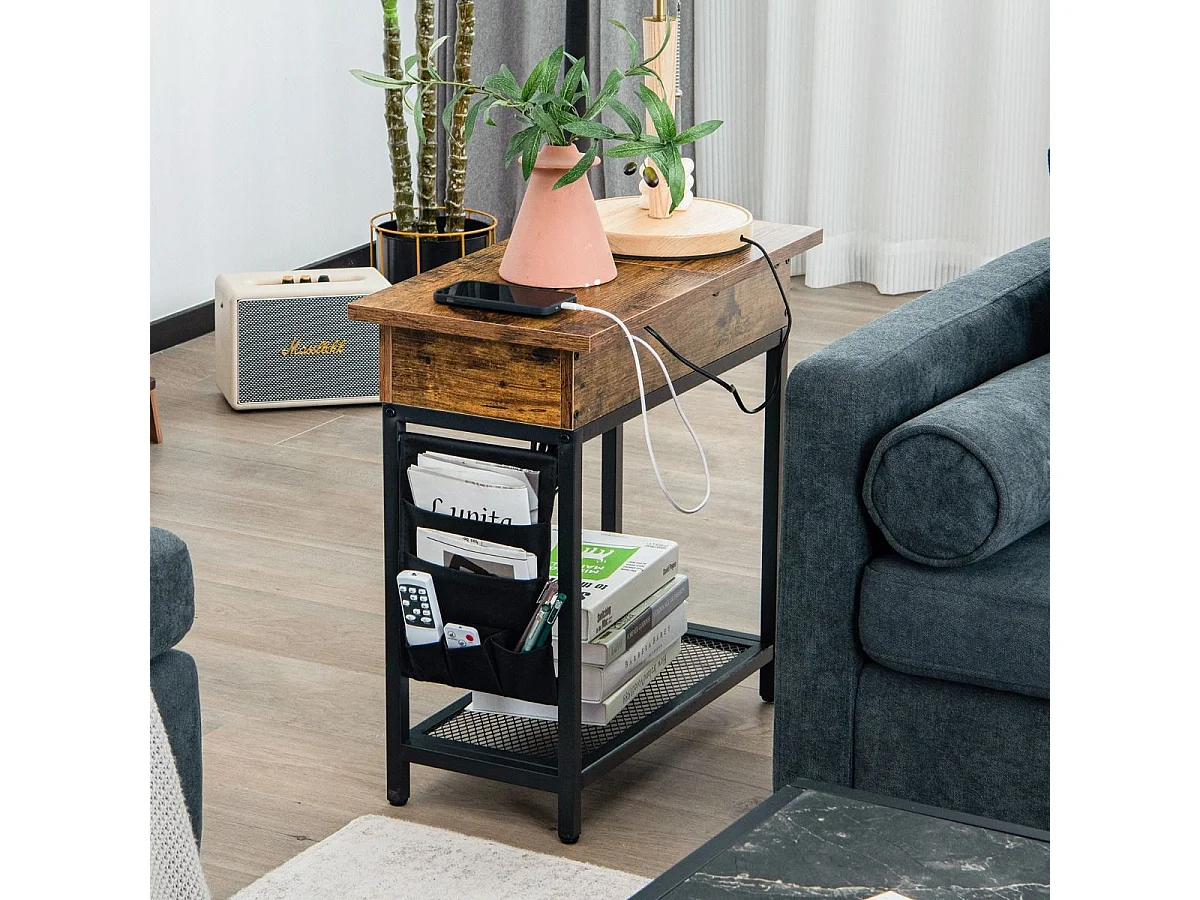 Table d'appoint avec Prise d’alimentation, 60 x 30 x 58,5 cm Marron rustique et Noir