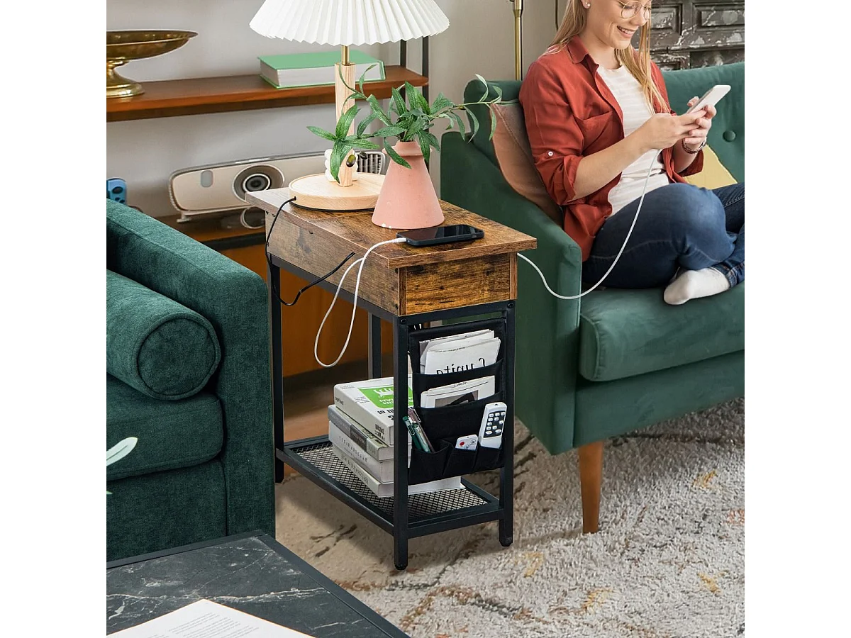 Table d'appoint avec Prise d’alimentation, 60 x 30 x 58,5 cm Marron rustique et Noir