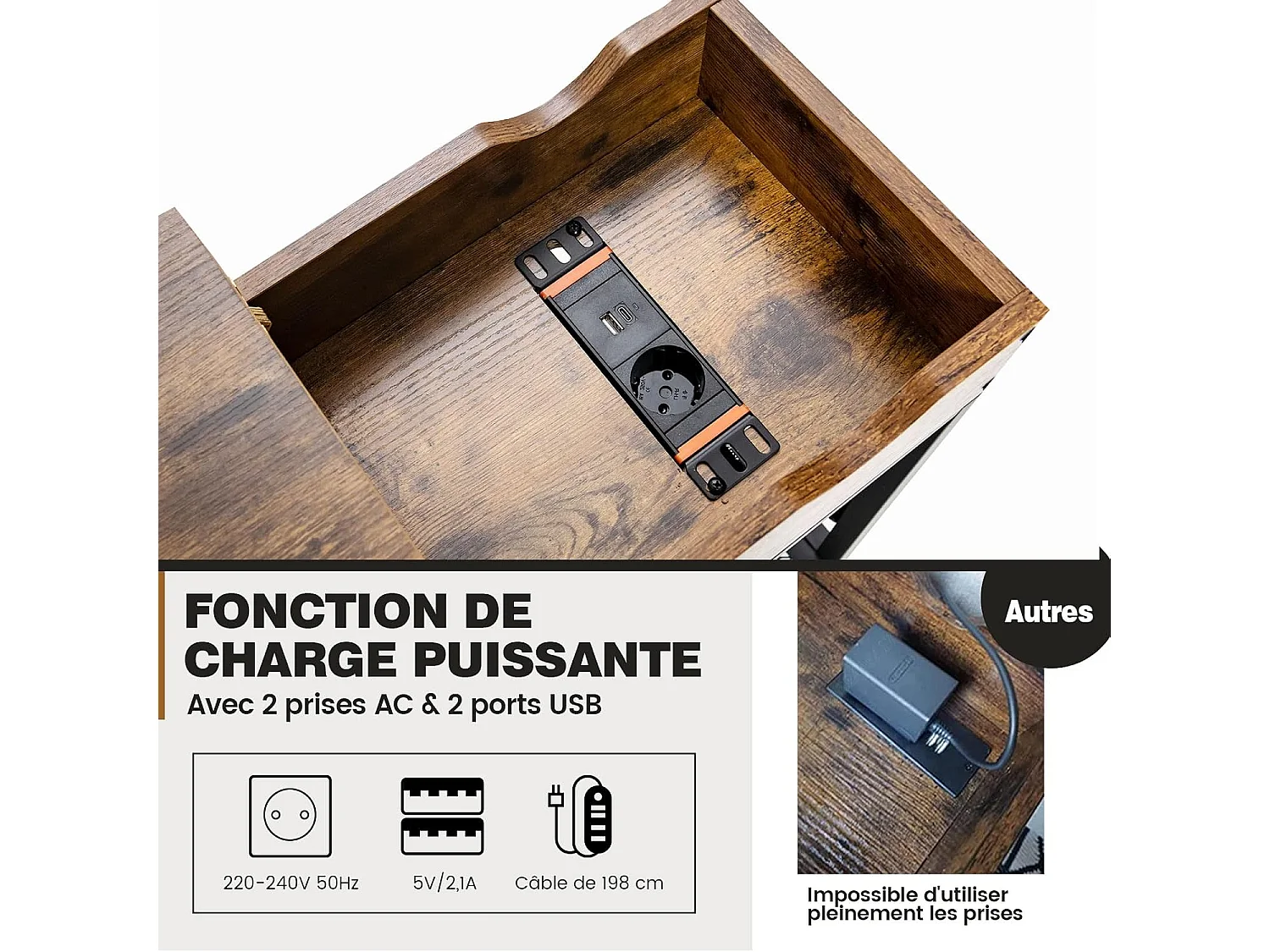 Table d'appoint avec Prise d’alimentation, 60 x 30 x 58,5 cm Marron rustique et Noir