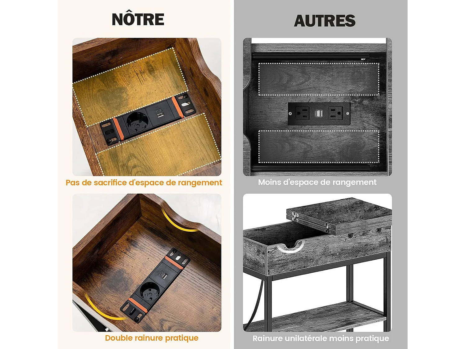 Table d'appoint avec Prise d’alimentation, 60 x 30 x 58,5 cm Marron rustique et Noir