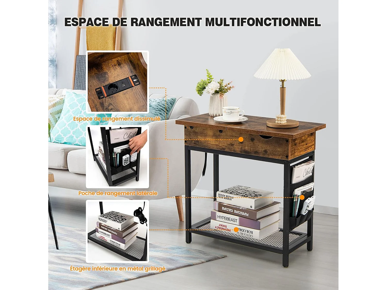 Table d'appoint avec Prise d’alimentation, 60 x 30 x 58,5 cm Marron rustique et Noir