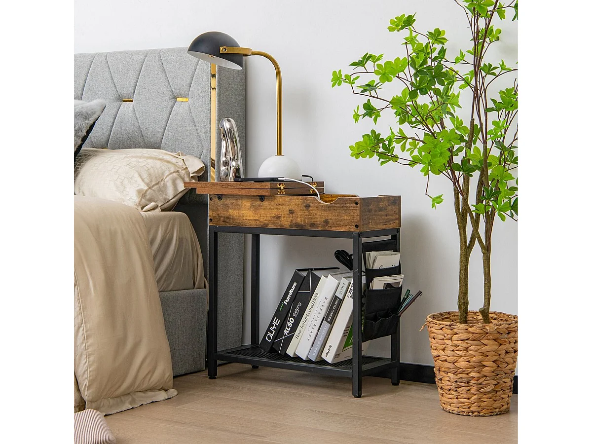 Table d'appoint avec Prise d’alimentation, 60 x 30 x 58,5 cm Marron rustique et Noir