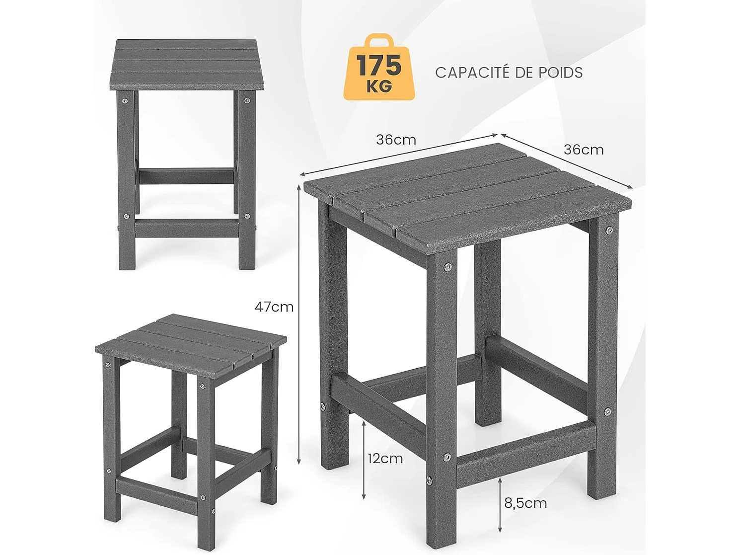 Table d’appoint extérieure en hdpe résistante aux intempéries, 36 x 36 x 47 cm, gris