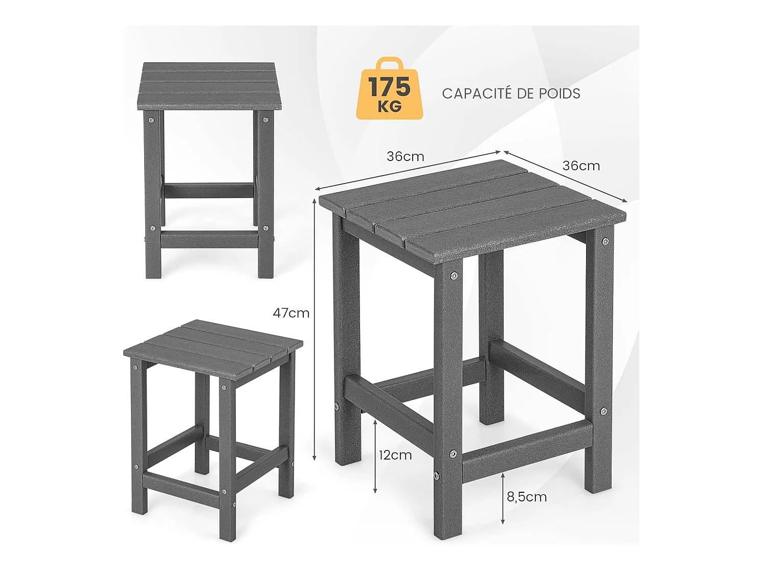 Table d’appoint extérieure en hdpe résistante aux intempéries, 36 x 36 x 47 cm, gris