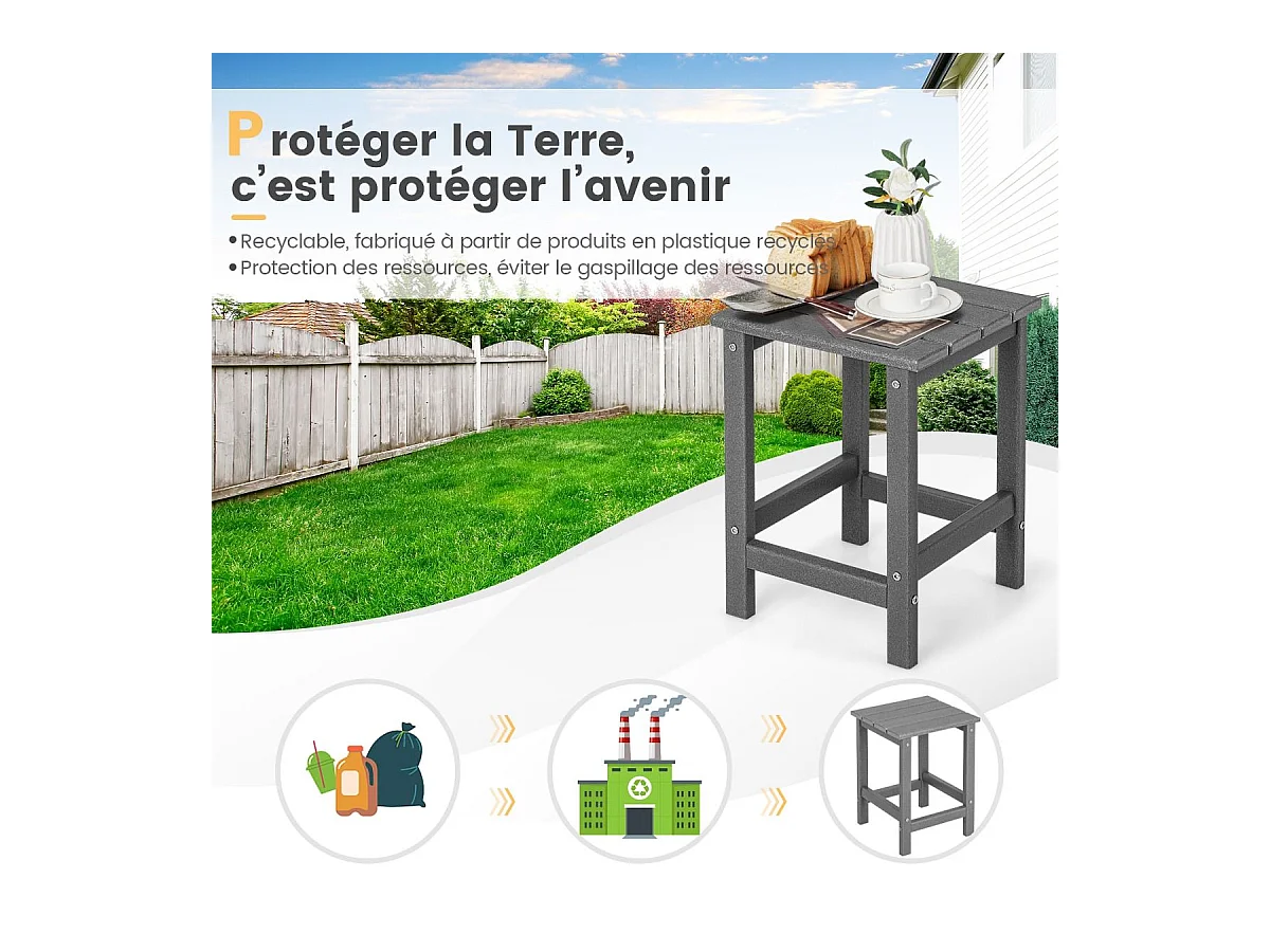 Table d’appoint extérieure en hdpe résistante aux intempéries, 36 x 36 x 47 cm, gris