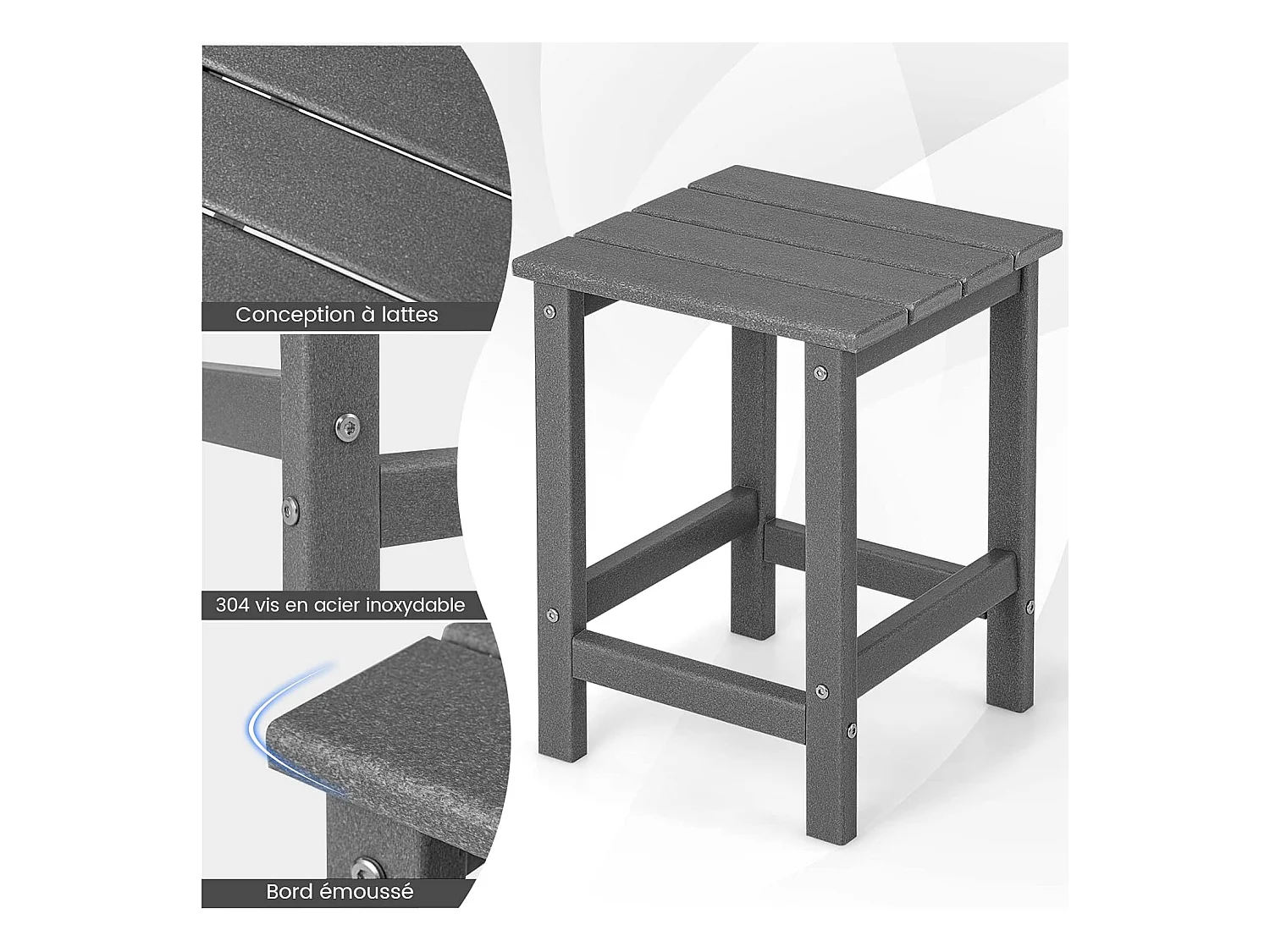 Table d’appoint extérieure en hdpe résistante aux intempéries, 36 x 36 x 47 cm, gris