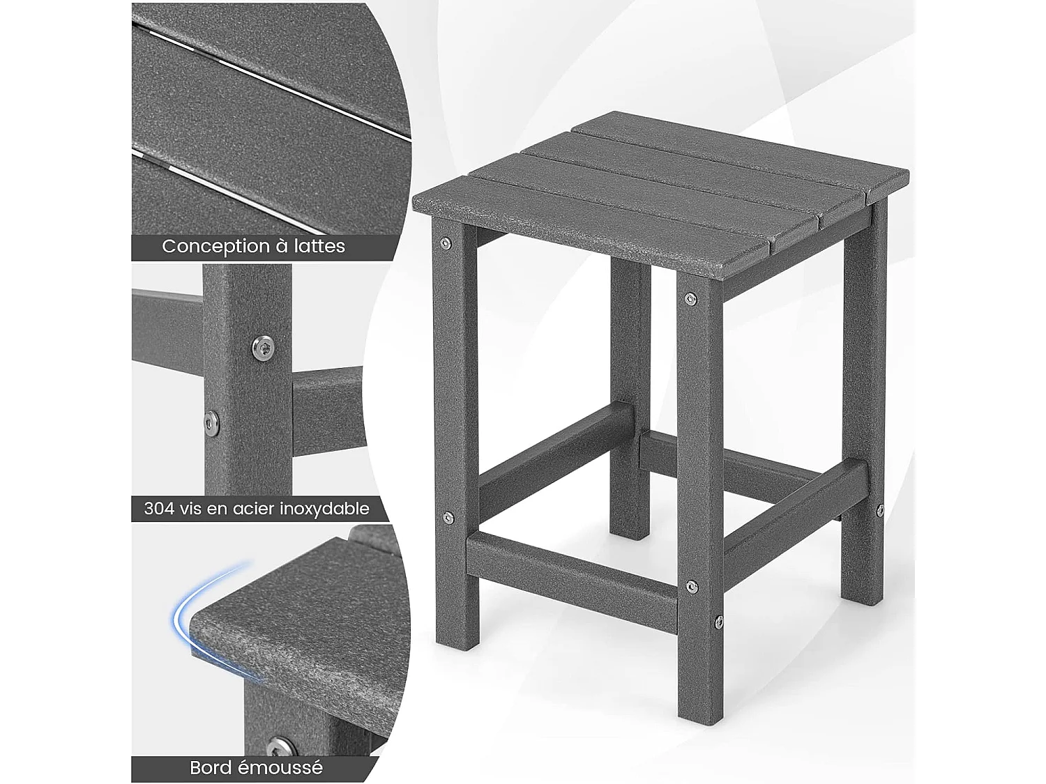 Table d’appoint extérieure en hdpe résistante aux intempéries, 36 x 36 x 47 cm, gris