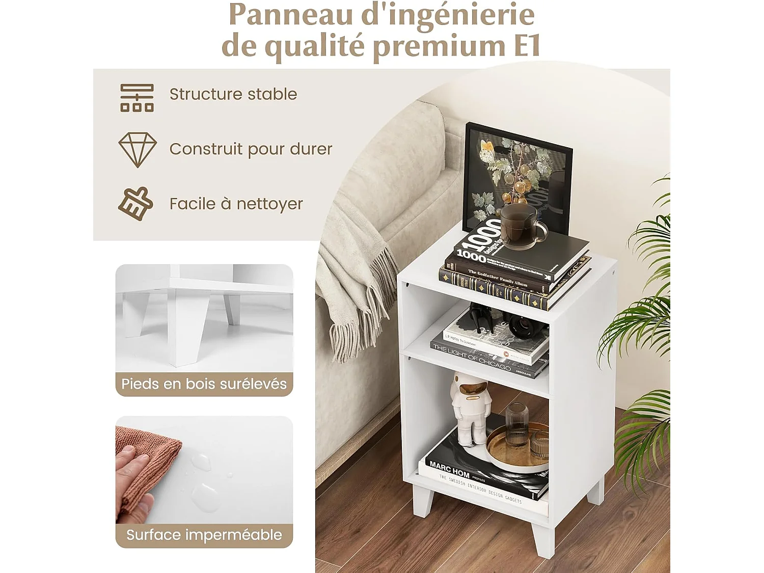 Table d'appoint 3 étagères, bout de canapé 4 pieds surélevés,39,5 x 29,5 x 65 cm