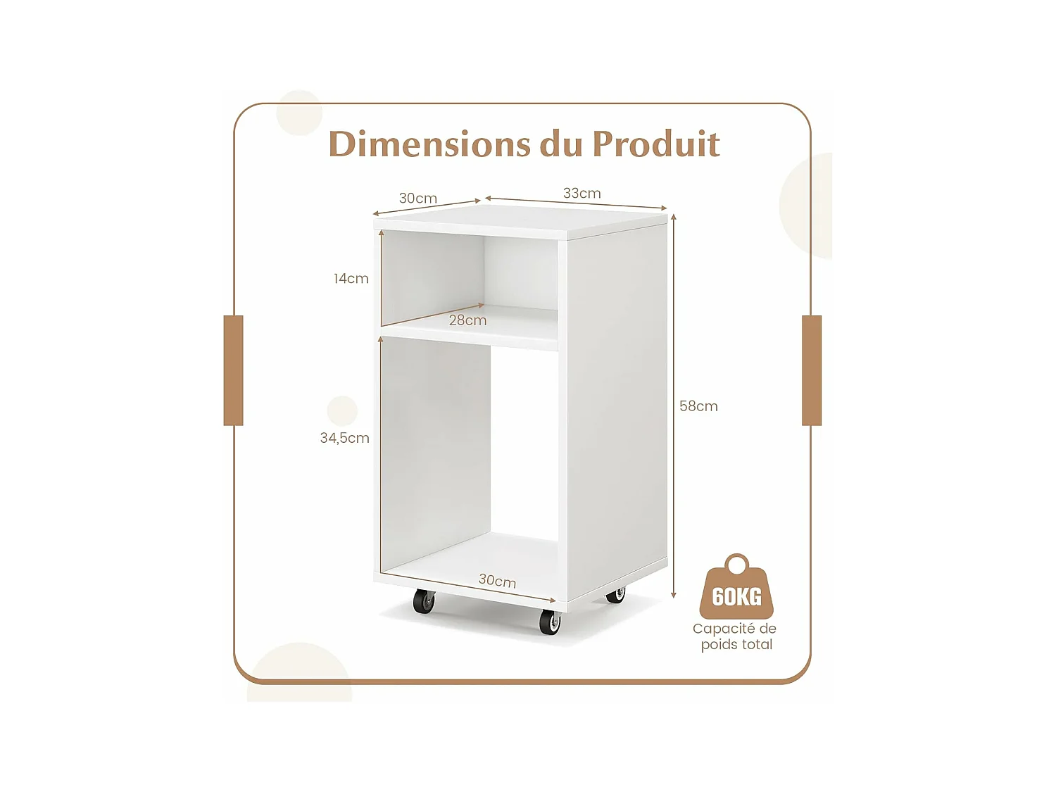 Bout de canapé à roulette, 2 étagères, assemblage facile, blanc, 33 x 30 x 58 cm