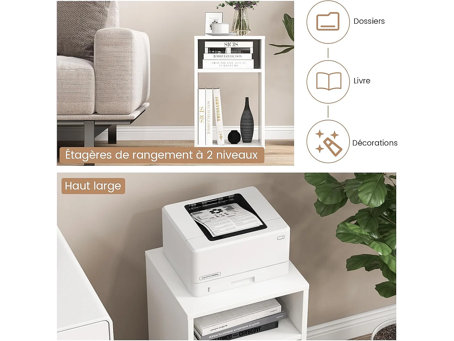 Bout de canapé à roulette, 2 étagères, assemblage facile, blanc, 33 x 30 x 58 cm